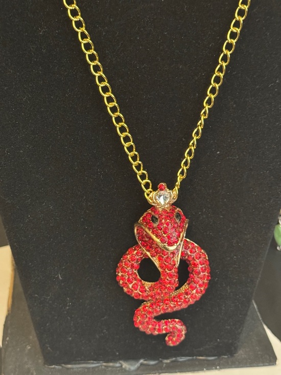 Handmade Jewelry - Gold-Tone Necklace with Red Crystal Snake Pendant